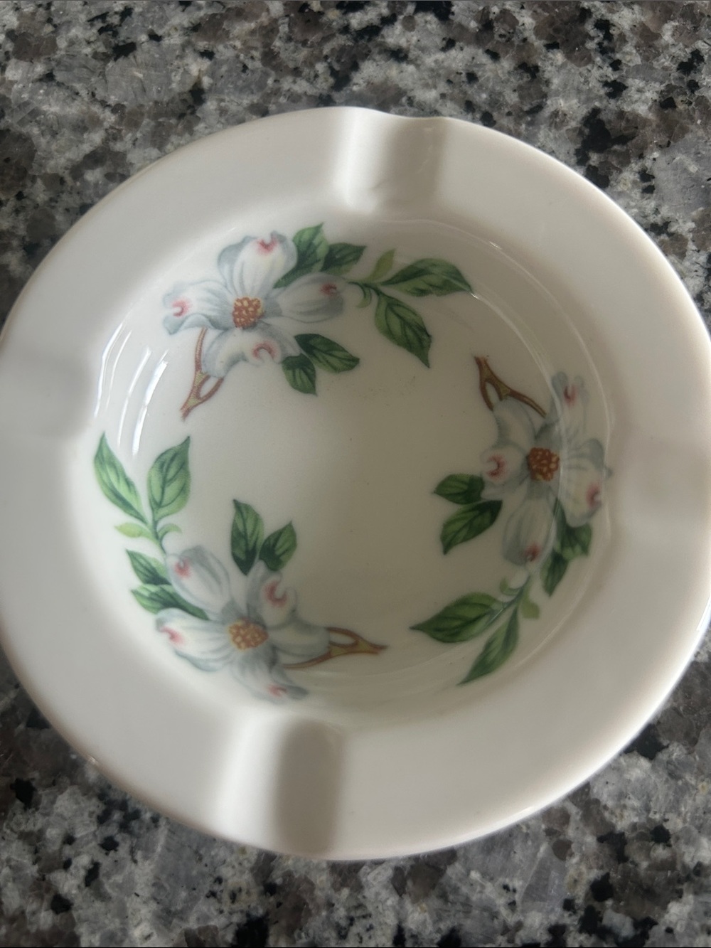 Porcelain Floral Ashtray in White with Green Accents